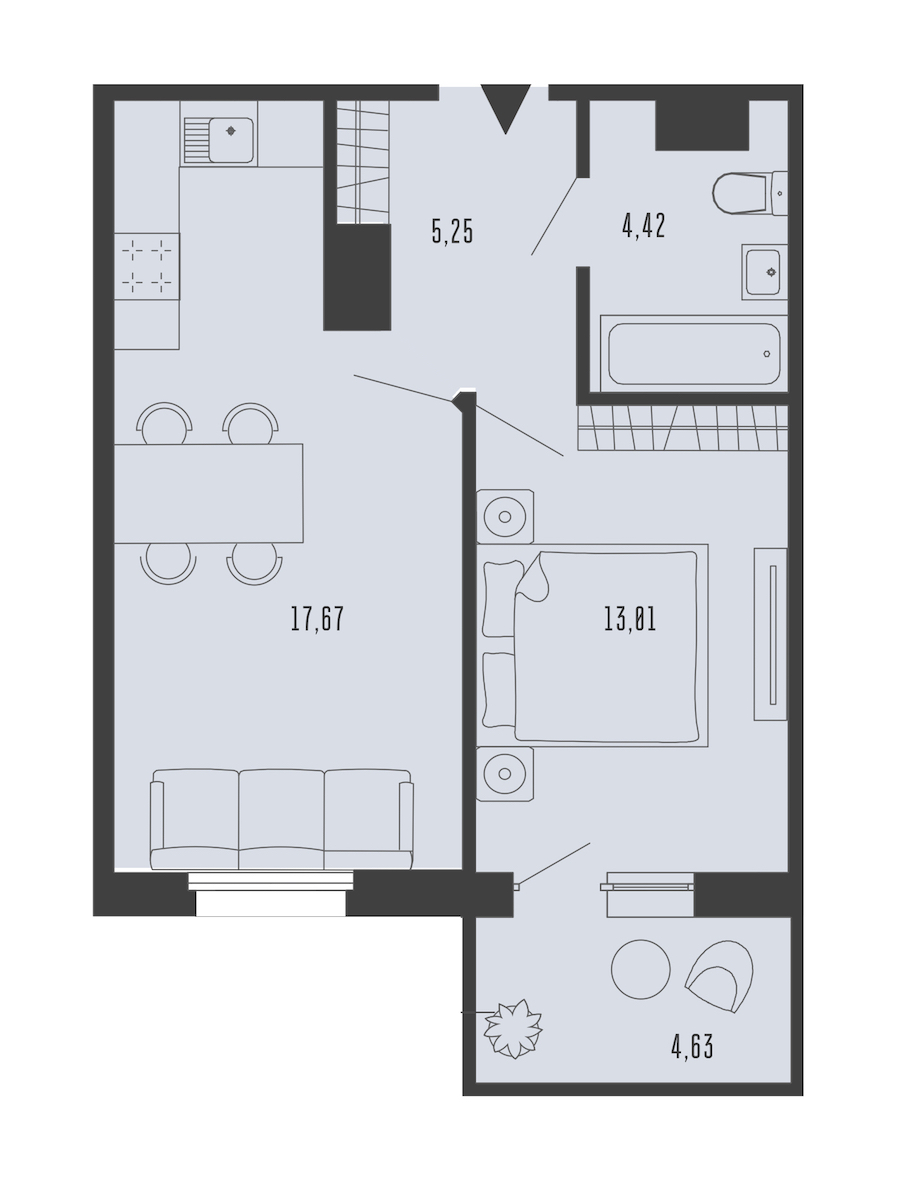 1-комнатная квартира 41.74 м², 5/5 эт., Комплекс апартаментов «Bereg. Курортный»